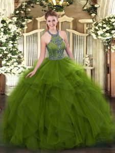 Modern Floor Length Olive Green 15th Birthday Dress Tulle Sleeveless Beading and Ruffles
