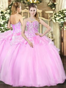 Comfortable Pink Ball Gowns Sweetheart Sleeveless Organza Floor Length Lace Up Beading Quinceanera Gown