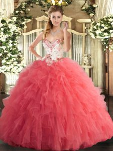 Gorgeous Watermelon Red Tulle Lace Up Quince Ball Gowns Sleeveless Floor Length Beading and Ruffles