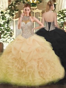 Lovely Organza Halter Top Sleeveless Lace Up Beading and Ruffles and Pick Ups 15 Quinceanera Dress in Champagne