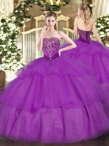 Customized Sleeveless Floor Length Beading and Ruffled Layers Lace Up 15 Quinceanera Dress with Purple