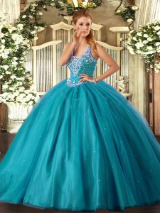 Affordable Teal Sleeveless Tulle Lace Up Ball Gown Prom Dress for Military Ball and Sweet 16 and Quinceanera