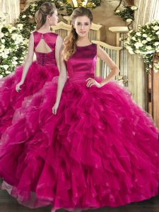Scoop Sleeveless Sweet 16 Dresses Floor Length Ruffles Fuchsia Tulle