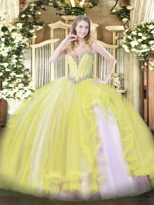 Yellow Ball Gowns Sweetheart Sleeveless Tulle Floor Length Lace Up Beading and Ruffles Quinceanera Gown