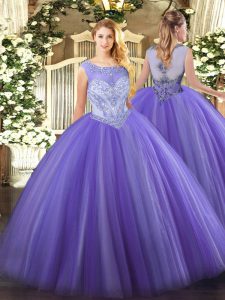 Low Price Lavender Ball Gowns Scoop Sleeveless Tulle Floor Length Zipper Beading Sweet 16 Quinceanera Dress