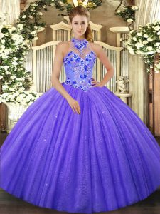 Unique Tulle Halter Top Sleeveless Lace Up Beading and Embroidery Vestidos de Quinceanera in Purple