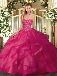 Custom Fit Sleeveless Lace Up Floor Length Beading and Ruffles Sweet 16 Dress