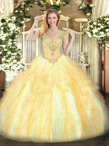 Inexpensive V-neck Sleeveless Organza Quinceanera Dresses Beading and Ruffles Lace Up