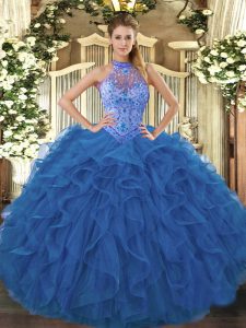 Custom Designed Blue Lace Up Halter Top Beading and Embroidery and Ruffles Quinceanera Dresses Organza Sleeveless