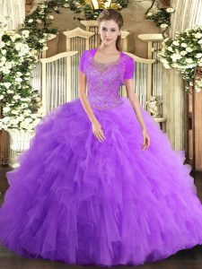 Wonderful Lavender Vestidos de Quinceanera Military Ball and Sweet 16 and Quinceanera with Beading and Ruffled Layers Scoop Sleeveless Clasp Handle