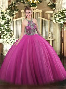 Simple Ball Gowns Ball Gown Prom Dress Hot Pink Halter Top Tulle Sleeveless Floor Length Lace Up