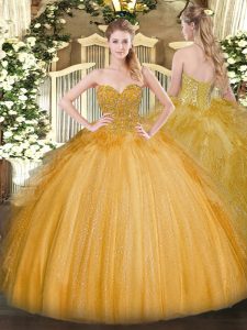 Latest Sweetheart Sleeveless Vestidos de Quinceanera Floor Length Lace Gold Tulle