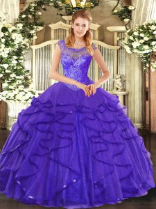 Colorful Floor Length Blue Quinceanera Gown Tulle Sleeveless Beading and Ruffles