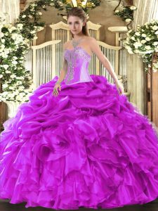 Floor Length Lace Up Sweet 16 Dress Fuchsia for Military Ball and Sweet 16 and Quinceanera with Beading and Ruffles and Pick Ups