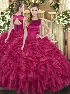 Beauteous Sleeveless Floor Length Ruffles Lace Up 15 Quinceanera Dress with Fuchsia