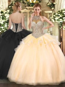 Glamorous Beading Quinceanera Gowns Peach Lace Up Sleeveless Floor Length