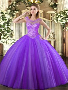 Scoop Sleeveless Sweet 16 Quinceanera Dress Floor Length Beading Lavender Tulle