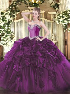 Fabulous Purple Quinceanera Gown Military Ball and Sweet 16 and Quinceanera with Beading and Ruffles Sweetheart Sleeveless Lace Up