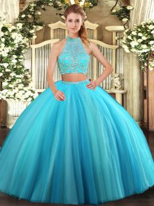 Vintage Aqua Blue Sleeveless Beading Floor Length Sweet 16 Quinceanera Dress