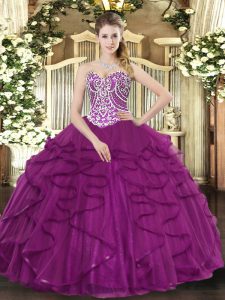 Decent Sleeveless Tulle Floor Length Lace Up Vestidos de Quinceanera in Fuchsia with Beading and Ruffles