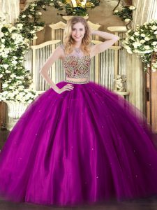 Chic Fuchsia Quinceanera Gowns Military Ball and Sweet 16 and Quinceanera with Beading Scoop Sleeveless Lace Up