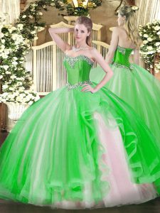 Green Sweet 16 Dress Military Ball and Sweet 16 and Quinceanera with Beading and Ruffles Halter Top Sleeveless Lace Up