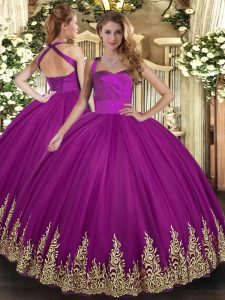 Unique Ball Gowns Sweet 16 Dress Fuchsia Halter Top Tulle Sleeveless Floor Length Lace Up
