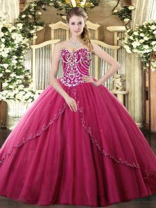 Hot Sale Brush Train Ball Gowns Quinceanera Gowns Hot Pink Sweetheart Tulle Sleeveless Lace Up
