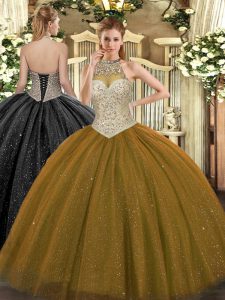 Captivating Brown Sleeveless Tulle Lace Up 15th Birthday Dress for Military Ball and Sweet 16 and Quinceanera
