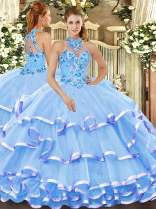 Custom Designed Ball Gowns Vestidos de Quinceanera Baby Blue Halter Top Organza Sleeveless Floor Length Lace Up