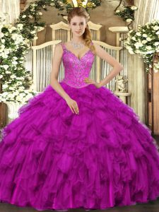 Fuchsia Ball Gowns Beading and Ruffles 15th Birthday Dress Lace Up Organza Sleeveless Floor Length