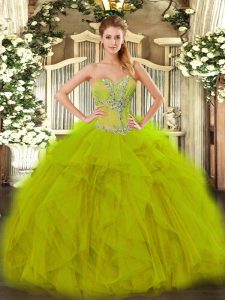 Flirting Olive Green Organza Lace Up Sweetheart Sleeveless Floor Length Quinceanera Gowns Beading and Ruffles