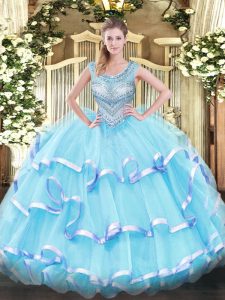 Floor Length Aqua Blue Vestidos de Quinceanera Organza Sleeveless Beading and Ruffled Layers