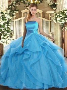 Classical Baby Blue Lace Up Strapless Ruffles 15th Birthday Dress Tulle Sleeveless