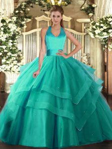 Attractive Turquoise Lace Up Halter Top Ruffled Layers Ball Gown Prom Dress Tulle Sleeveless