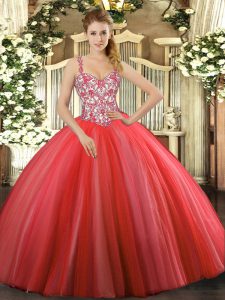 Adorable Coral Red Lace Up Straps Beading and Appliques Quinceanera Dress Tulle Sleeveless
