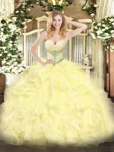 Yellow Sleeveless Floor Length Beading and Ruffles Lace Up 15 Quinceanera Dress