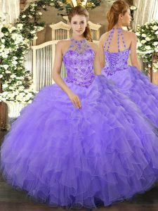 Stylish Lavender Ball Gowns Organza Halter Top Sleeveless Beading and Ruffles Floor Length Lace Up Quinceanera Dresses