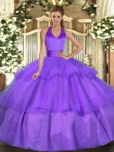 Clearance Lavender Ball Gowns Halter Top Sleeveless Tulle Floor Length Lace Up Ruffled Layers Quinceanera Gowns