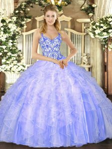 Lavender Sleeveless Floor Length Beading and Ruffles Lace Up Sweet 16 Dresses