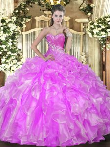 Simple Lilac Organza Lace Up Quince Ball Gowns Sleeveless Floor Length Beading and Ruffles