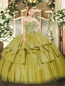 Stylish Olive Green Lace Up Sweet 16 Dress Beading and Ruffled Layers Sleeveless Floor Length