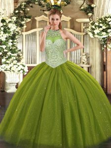 Olive Green Halter Top Lace Up Beading Quinceanera Gown Sleeveless