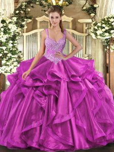 Classical Fuchsia Ball Gowns Organza Straps Sleeveless Beading and Ruffles Floor Length Lace Up Quinceanera Gowns