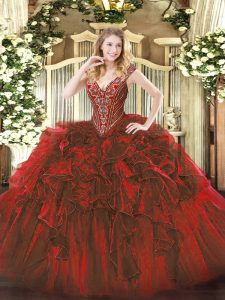 Affordable Sleeveless Organza Floor Length Lace Up 15 Quinceanera Dress in Wine Red with Beading and Ruffles