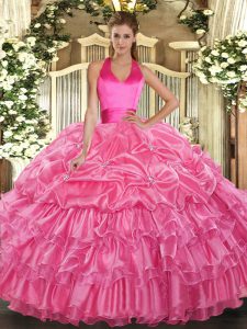 Colorful Rose Pink Sweet 16 Dress Military Ball and Sweet 16 and Quinceanera with Ruffled Layers and Pick Ups Halter Top Sleeveless Lace Up