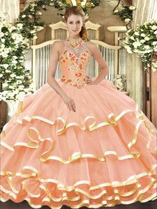 Beading and Embroidery Quinceanera Gown Peach Lace Up Sleeveless Floor Length