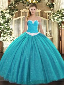 Dazzling Teal Sweetheart Lace Up Appliques Sweet 16 Dresses Sleeveless