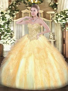 Champagne Ball Gowns Appliques and Ruffles Vestidos de Quinceanera Lace Up Organza Sleeveless Floor Length