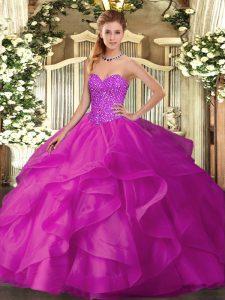 Exceptional Beading and Ruffles Ball Gown Prom Dress Fuchsia Lace Up Sleeveless Floor Length